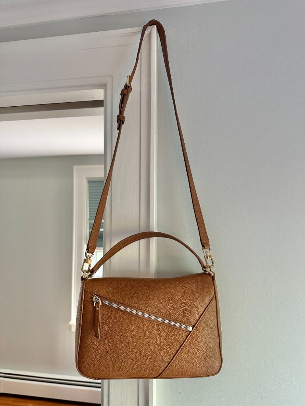 Quince Italian Leather Patchwork Crossbody Bag Cognac Color - Picture 6 of 16
